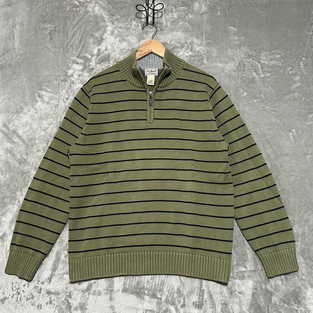 LL Bean Mens Heavyweight Fisherman 1/4 Zip Sweater Size L Green Striped Ribbed